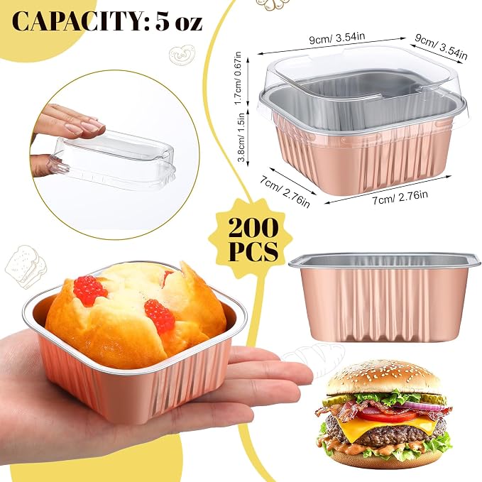 200 Pack 5 oz Mini Cake Pans with Lid, Aluminum Foil Mini Baking Tins, Square Disposable Cupcake Baking Cup Dessert Container for Wedding Birthday Party Picnic(Champagne,Classic)