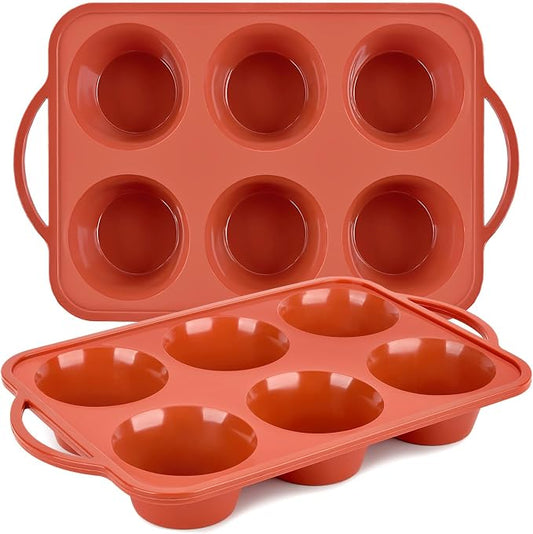 JOERSH 2 Pack Jumbo Muffin Pan with Metal Frame, 6 Cup Large Cupcake Mold with Handles, Non-Stick Silicone Baking Tray for Jumbo Muffin, Cupcake, Egg Bite