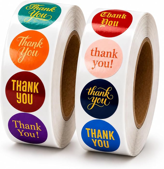 1000 Thank You Stickers, 1 Inch Round Thank You Sticker Roll, Bulk Thank You Stickers for Small Business Packaging, Boxes, Bags, Envelopes, Baked Goods & Party Favors, 2 Rolls of 500