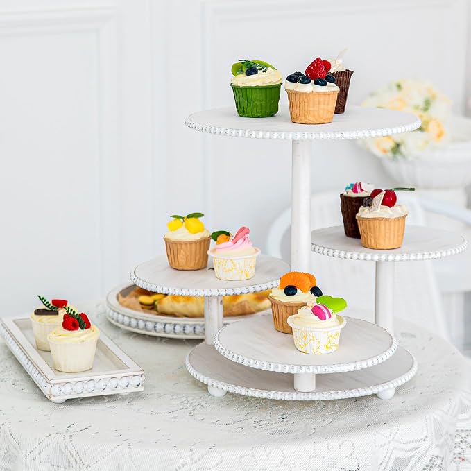 GENMOUS Wood Cake Stands Set of 3, 4 Tier Serving Tray Cupcake Stand, Beaded Rustic Dessert Tower, Round Rectangular Dessert Trays Platters for for Wedding Baby Shower Tea Party (White)