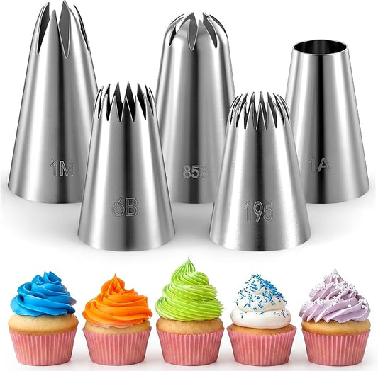 5 Pcs Large Piping Tips Set, Stainless Steel Cake Decorating Supplies Piping Tips Kit, Dishwasher Safe Baking Tools for DIY Art Frosting Icing Cupcakes Cookie Pastry Churros Meringue