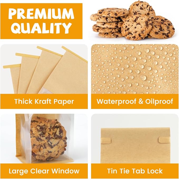 100 Pack Cookie Packaging Bags, 3.9x3.1x8.2 Inches Small Bakery Bags with Window Tin Tie Tab Lock Resealable Paper Treat Bag for Baked Goods Gift Giving and Bake Sale | Thick Material