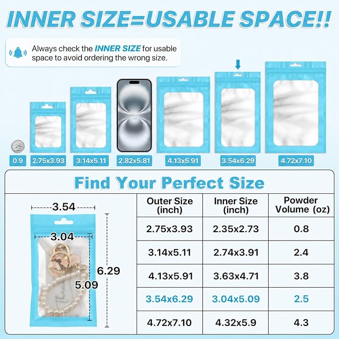 ANZNKU 100 Pack Lake Blue Resealable Mylar Bags with Frosted Clear Window 3.54x6.29", Smell Proof Sealable Packaging Bags for Small Business, Foil Pouch Zip Goodie Bag for Candy Treat Jewelry