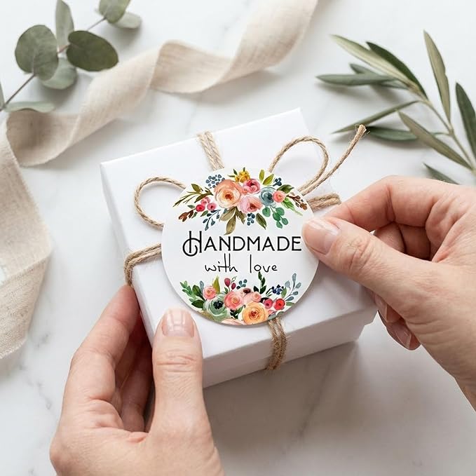 Handmade Floral Stickers Labels: Strong Adhesive 120 Pcs 1.6" Round Seals for Bakery Treat Bags Gift Wrap Envelope Closing for Small Business Packaging Wedding Shower Favors