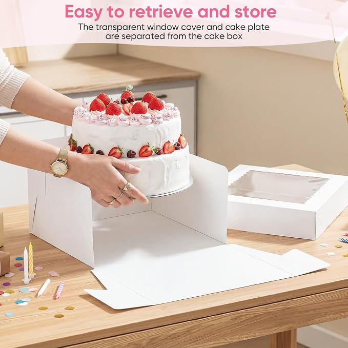 2 Pack 10 x 10 x 8 in Cake Boxes with Window & Cake Boards — Disposable Cake Carrier Boxes with Lid, Includes Stickers, Envelopes, Greeting Cards & Ribbon — Bakery Boxes for Cakes & Cupcakes