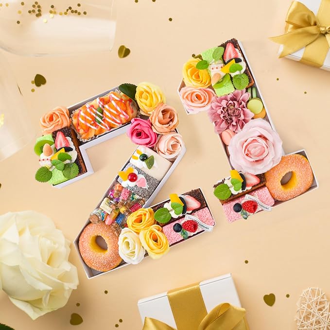 21 Set Cardboard Number for Charcuterie 10.2'' Fillable Tray Charcuterie Paper Box for 21th Birthday Anniversary Party Decorations Chocolate Candy Cupcake Container