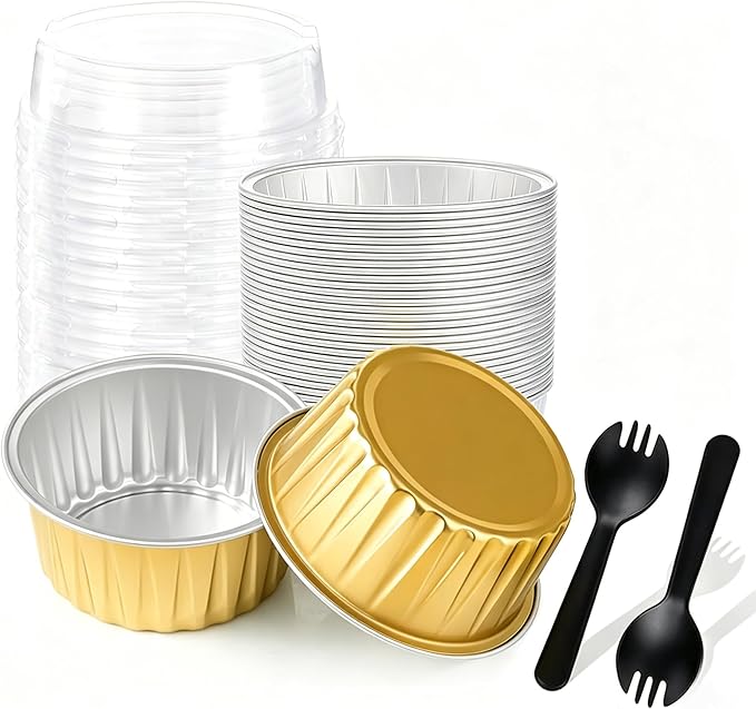 25PCS Round Mini Loaf Pans with Lids,Mini Cake Pans with Lids,Disposable Ramekins Baking Cups Muffin Tins Cupcake Cups for Wedding Birthday Party,5oz (Gold)