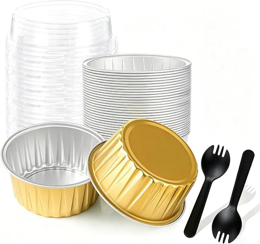 25PCS Round Mini Loaf Pans with Lids,Mini Cake Pans with Lids,Disposable Ramekins Baking Cups Muffin Tins Cupcake Cups for Wedding Birthday Party,5oz (Gold)