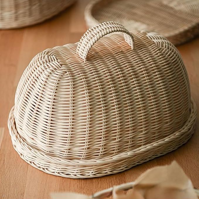 Rattan Khaki Woven Protective Basket Kitchen Dustproof Flyproof Fruit Bread Storage Organizer