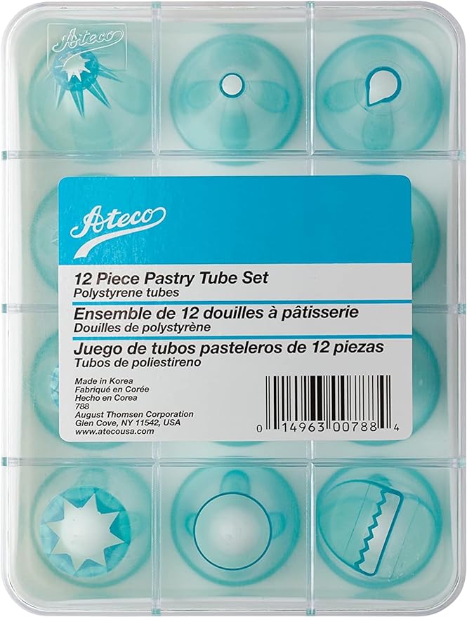 Ateco - 12 Piece Cake Decorating Tube Set, High Impact Plastic Tubes in Storage Box,Silver