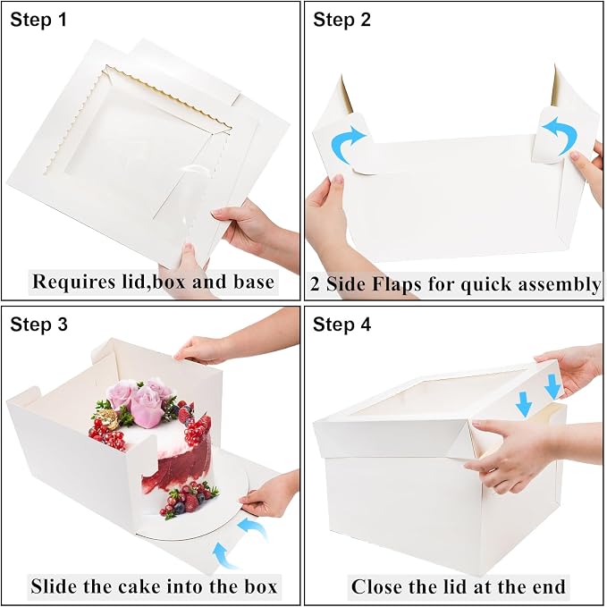 Cididu 20Pcs Cake Boxes 12 Inch, Tall Cake Box with Window and Boards for Multi-Layer Cakes, 350g Thick Cardboard White Bakery Box for Mother's Day Wedding Birthday Cakes Transport Box (12x12x8 Inch)