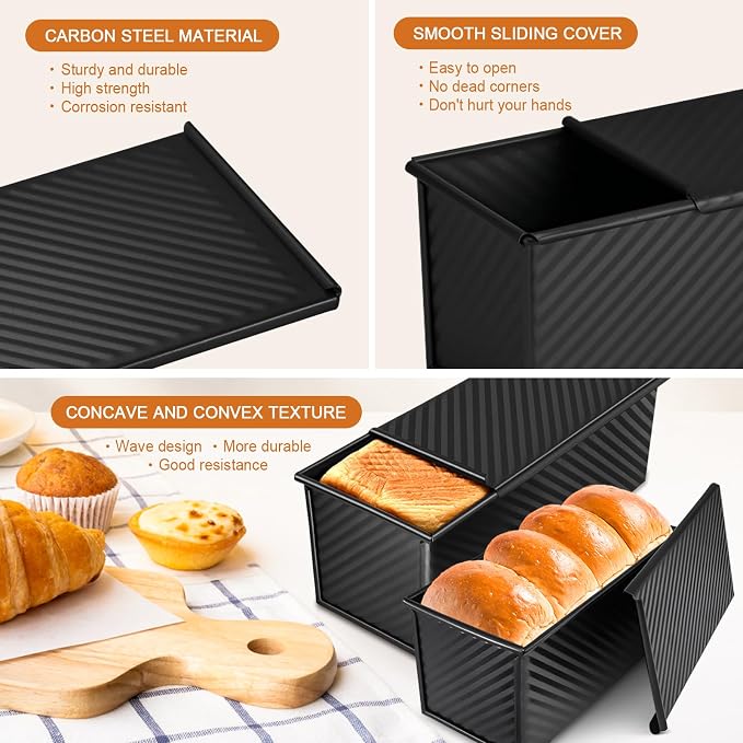 2Pack Large Bread Pan with Lids – 2.2LB Dough Capacity, Non-Stick Carbon Steel Bread Pans for Homemade Sandwich and Sourdough Bread, Corrugated Toast Mold (Black)