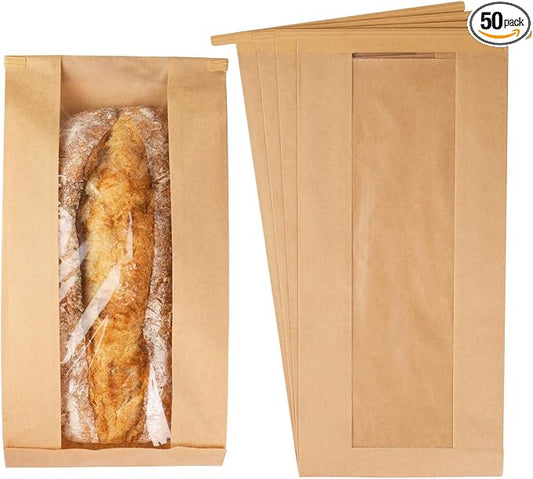 50 Pack Long Paper Bread Bags with Tabs for Homemade Sourdough, Resealable Bakery Bags with Window for Oval Sourdough Bread, Loaves, Pastries, Baguettes (6.3x2.7×13.7 Inches)