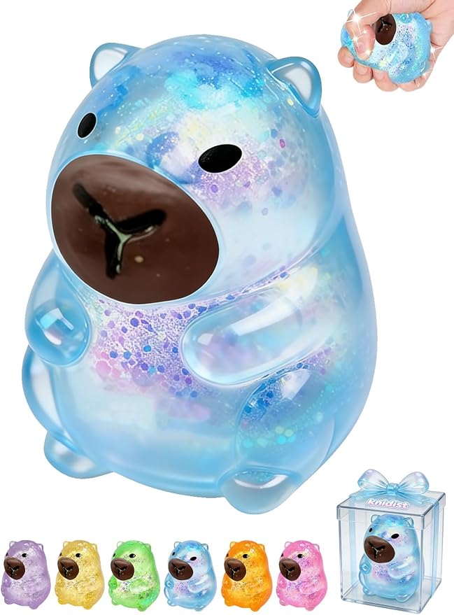 Capybara Squishy Glitter Animal Squeeze Balls Cute Capybara Stress Ball Anxiety Relief Slow Rise Adult Sensory Fidget Tool Gift Sparkling Desk Decor Collectibles Decompression Dough(Blue)