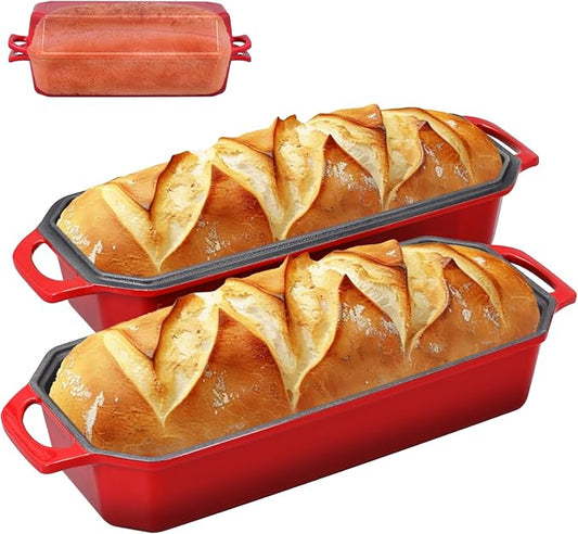 Flavehc Bread Pan Cast Iron Loaf Pan with Lid Bread Loaf Pan 13x5 Inch Enameled Cast Iron Sourdough Bread Pan,Red