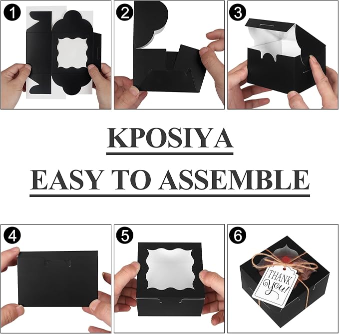 KPOSIYA 20 Pcs Black Bakery Boxes with Window Individual Cupcake Boxes 4x4x2.5 Inches Cookie Boxes Kraft Paper Black Gift Box for Pastries, Cookies, Pie, Donuts, Macaroon
