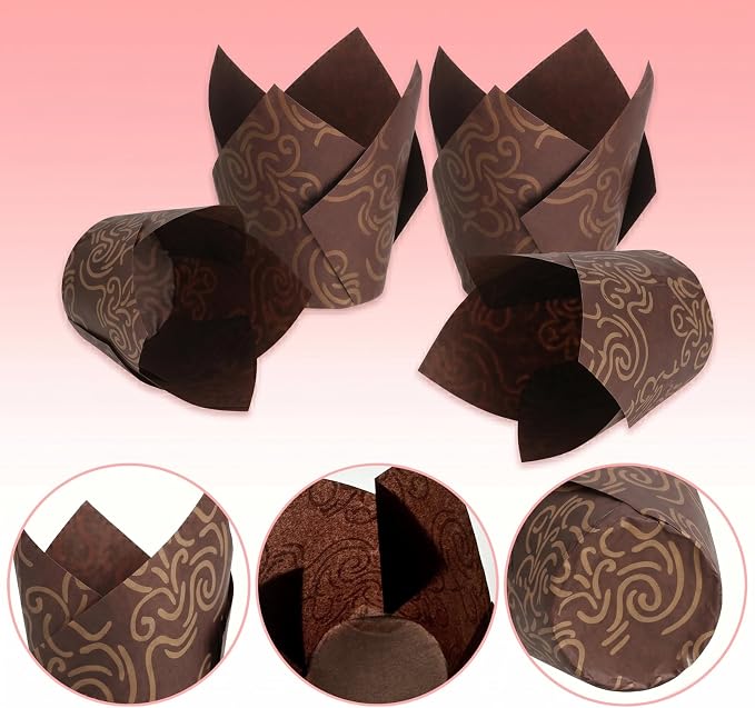 200 Pcs Brown Tulip Cupcake Liners for Baking, Brown Wavy Line | Standard Greaseproof Tulip Muffin Liners for Baking, 3oz Brown Paper Cupcake Wrappers for Party Wedding Birthday
