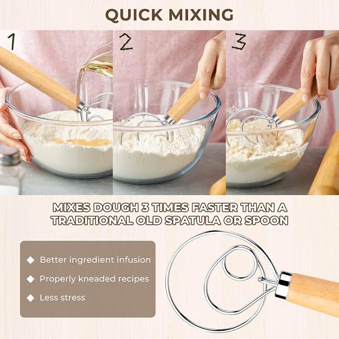 Danish Dough Whisk Bread Mixer，2 Pack Premium Stainless Steel Dutch Whisk With a Dough Scraper for Bread, Pastry or Pizza Dough - Perfect Baking