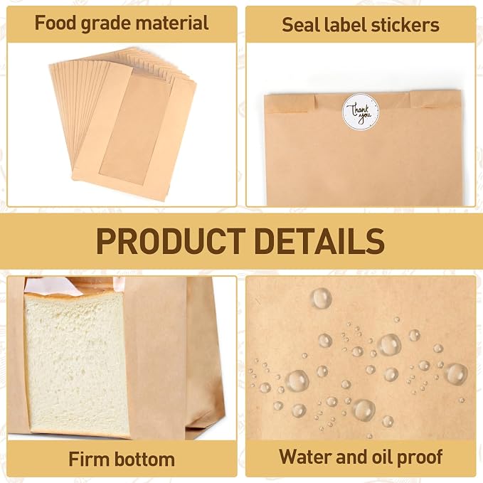 Paper Bread Bags with Window: 28 Large Kraft Bakery Bags 13.7"x8.3"x3.3" 36 Stickers - Reusable Brown Bread Bags for Sourdough - Artisan Loaves Gifting Keep Bread Fresh Longer
