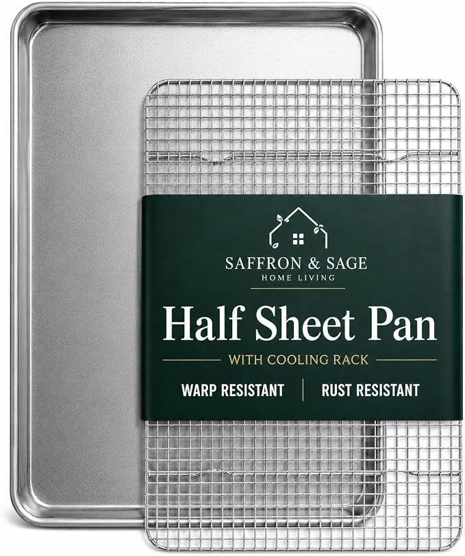 Commercial Quality Cookie Sheet and Rack - Aluminum Half Sheet Baking Pan and Stainless Steel Cooling Rack Set 13x18 Rust & Warp Resistant, Heavy Duty