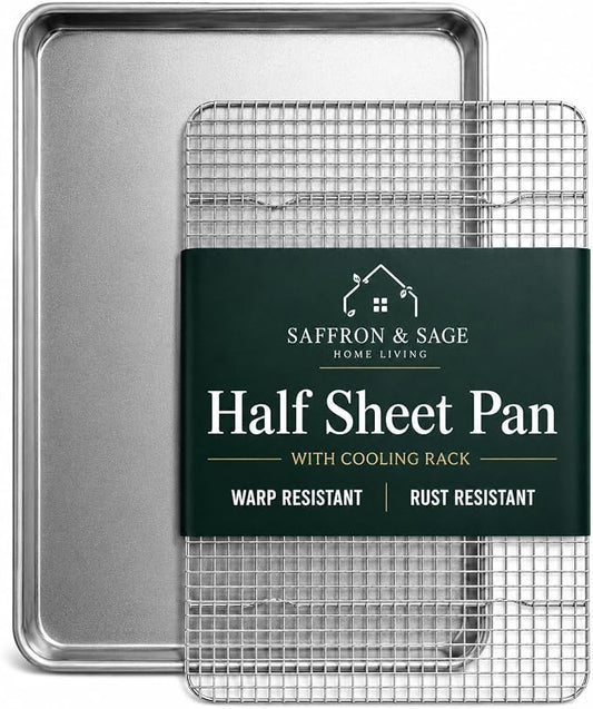 Commercial Quality Cookie Sheet and Rack - Aluminum Half Sheet Baking Pan and Stainless Steel Cooling Rack Set 13x18 Rust & Warp Resistant, Heavy Duty