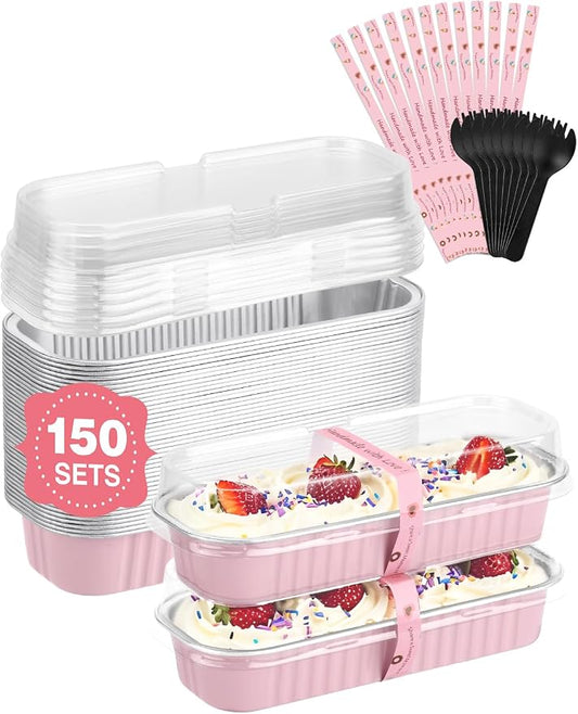 NEEBAKE 150 Pack 6.8 oz Disposable Mini Loaf Pans with Lids and Spoons - 6.5x2.5x1.2 Pink Aluminum Loaf Pans, Small Aluminum Tin Foil Baking Pan, Food Containers for Baking, Cakes, Bread, Loaves