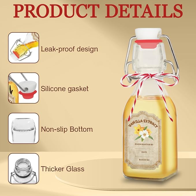 20 Pack Swing Top Glass Vanilla Extract Bottles 4 oz with Lids, Vanilla Extract Labels and Funnel, Glass Boston Vanilla Bottles for Syrup Gift, Flip Top Glass Bottles Jars for Vanilla Extract