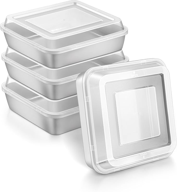 Herogo 8''x 8'' Stainless Steel Square Baking Pan with Lid(4 Pans + 4 Lids), Rectangle Cakes Brownie Lasagna Bakeware Set of 4, Healthy & Dishwasher Safe
