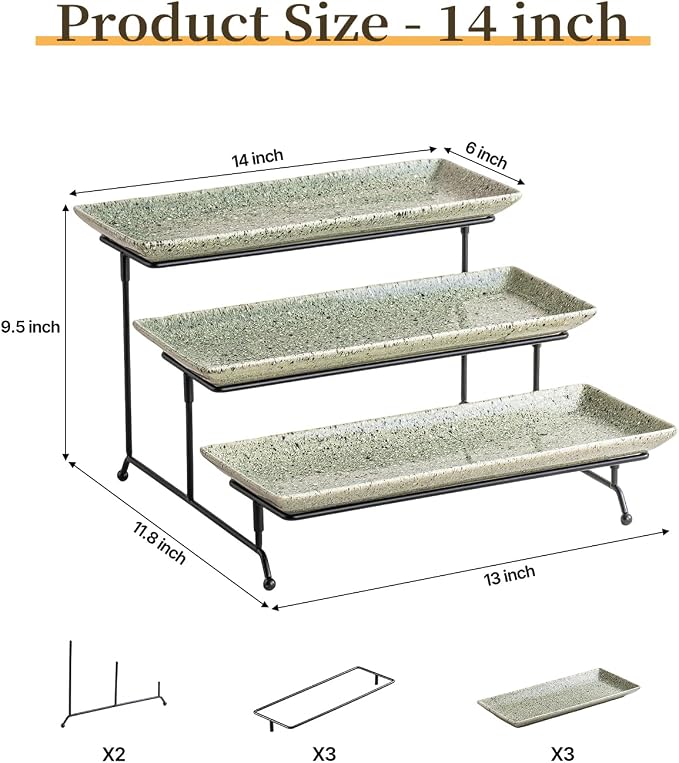 LAUCHUH 3 Tier Serving Trays for Party, 14 inch Dessert Party Display Stand Serving Platters and Trays with Collapsible Sturdier Rack for Father's Day Serving Food, Speckled Gray