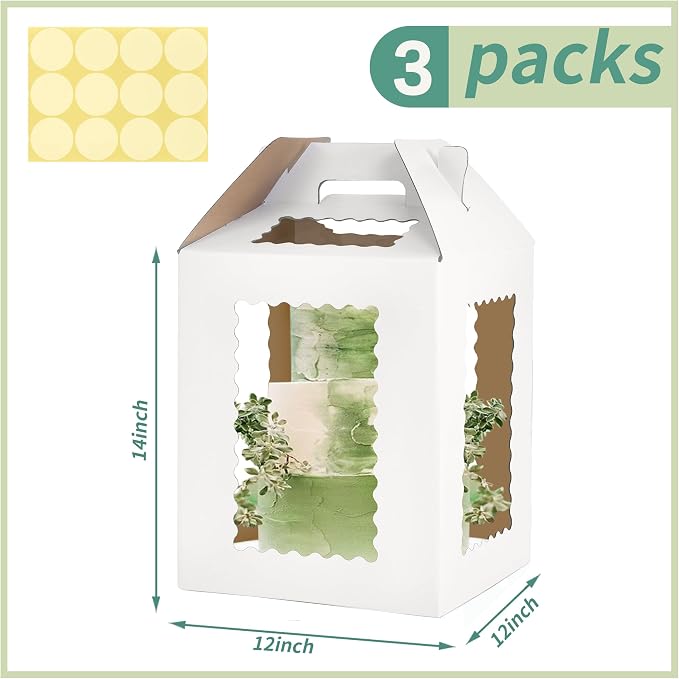 12inch Tall Cake Boxes 6 Windows with handle,12x12x12 Cake Carrier, Tiered Cake Box, Square cake box,largeTake Out Transport Containers Ideal for 10" & 12" Tiered Cakes (3Pack-White)