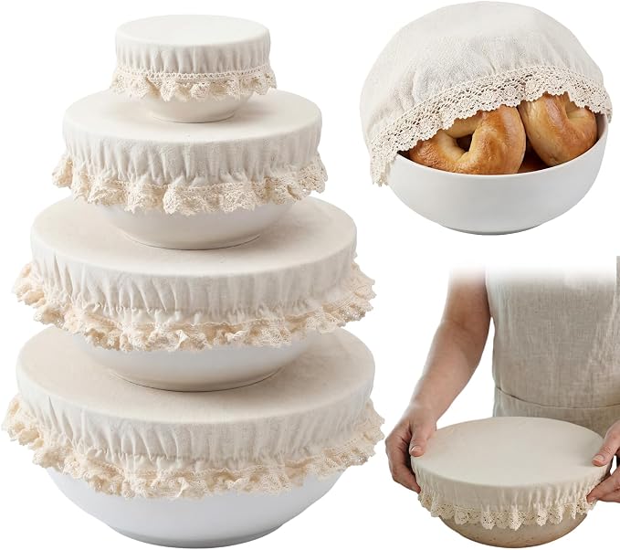 4 Pcs Reusable Cotton Bowl Covers with Lace Trim Breathable Muslin Fabric Food Storage Lids Elastic Cloth Bowl Covers for Bread Proofing Baskets Sourdough Bread Baking (13,10,8,4 Inch)