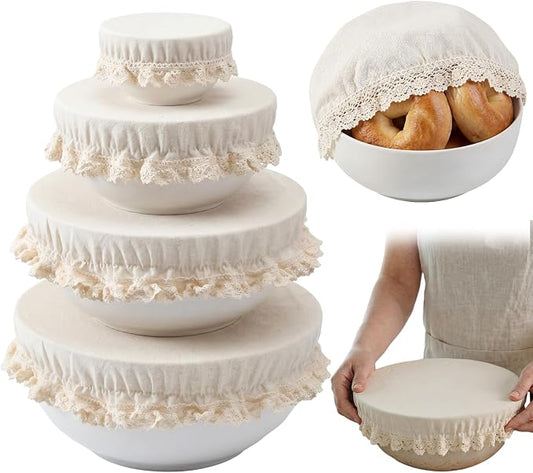 4 Pcs Reusable Cotton Bowl Covers with Lace Trim Breathable Muslin Fabric Food Storage Lids Elastic Cloth Bowl Covers for Bread Proofing Baskets Sourdough Bread Baking (13,10,8,4 Inch)