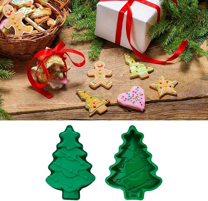 Silicone Cookies Biscuit Mold, Christmas Halloween Candy Mold, Reusable DIY Baking Mold Jelly Chocolate Mold, Ice Cube Tray Wax Melt Molds(Set of 2 Green Big Christmas Trees)
