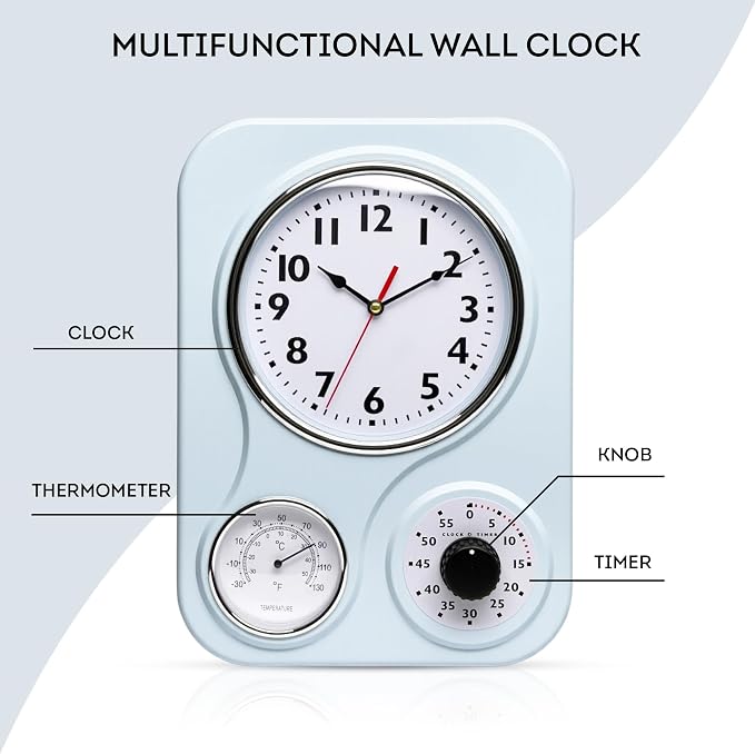 Lily's Home - 9 Inch x 12.5 Inch - Retro Kitchen Wall Clock, Vintage Wall Clock with a Thermometer and 60-Minute Timer, Ideal for Any Kitchen, Office, or Diner (Light Blue)