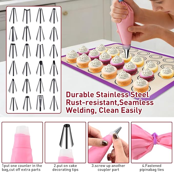 44 Pcs Macaron Silicone Baking Kits, Macaron Baking Supplies,2 Macaron Silicone Baking Mats,24 Piping Tips,4 Piping Bags,4 Cable Ties,4 Connectors,2 Brushes,2 Scrapers,and 2 Tapping Rings