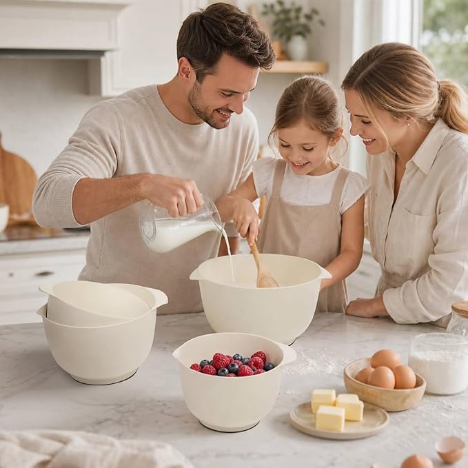 BoxedHome 4.5 Quart Large Plastic Mixing Bowls, Microwave Safe Mixing Bowl Set with Pour Spout, Nesting Bowls for Space Saving Storage(Beige)