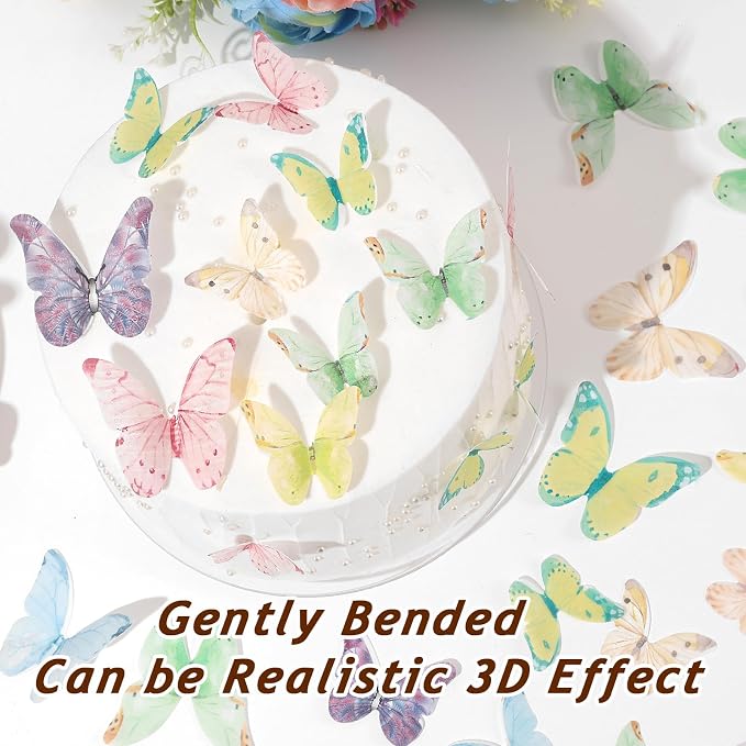 YOcity 40Pcs Wafer Paper Butterfly Cupcake Cake Toppers Edible Butterflies for Cake Decorations Colorful Butterfly for Wedding Birthday Party Cupcakes Decorating Supplies(Mix Color & Size)