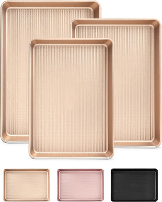 Professional Non-Stick Baking Sheets Set, 3-Piece Heavy Duty Carbon Steel Cookie Sheets with Oven Safe & Even Heating for Baking, Roasting, Cooking (Champagne Gold)