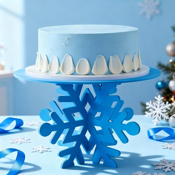 Lallisa 12" Blue Snowflake Frozen Cake Stand 3D Snowflake PVC Cake Decorations with Engraved Snow Themed Holder Winter Dessert Stand Centerpieces for Frozen Winter Birthday Party Supplies