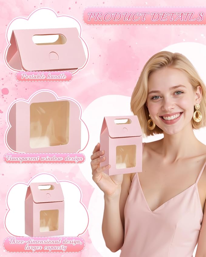 24 Pieces MINI Kraft Paper Gift Bags with Clear Window Small Goodies Gift Boxes with Handle 5.9 x 3.9 x 2.3inch Gable Candy Treat Box for Purim, Bakery Cookies, Wedding Favors, Small Business (pink)