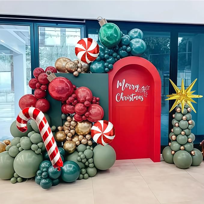 Christmas Balloons Garland Arch Kit, Red Dark Green Gold Metallic Balloons Candy Cane Star Foil Mylar Balloons for Winter Xmas Merry Christmas Baby Shower Ugly Sweater Birthday Party Decorations