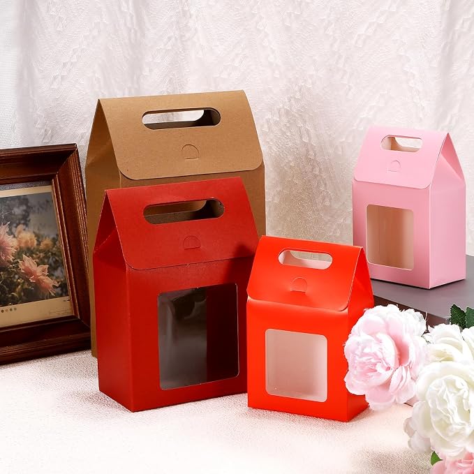 uxcell 8Pcs Gift Boxes, Favor Box with Clear Window and Handle, Stand Up Favor Treat Boxes for Candy, Cookies, Party Store, Packaging, Wedding, Light Brown