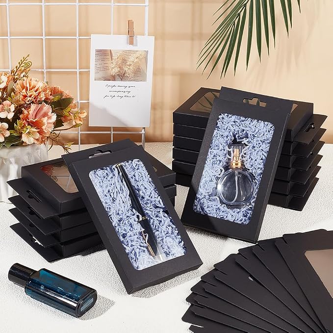 BENECREAT 20 Pack Kraft Paper Boxes with Clear Window 7.5x4x1inch Black Gift Packaging Boxes for Bakery Cookies Cake Candy Wedding Party Favors