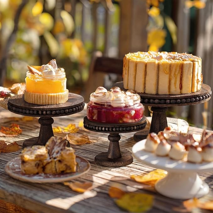 AceOrbit 3 Pcs Round Wood Cake Stand Set Beaded Wooden Rustic Farmhouse Cupcake Pedestal Stand 8/10/12 Inch Dessert Display Serving Tray for Wedding Birthday Decoration Party Restaurants