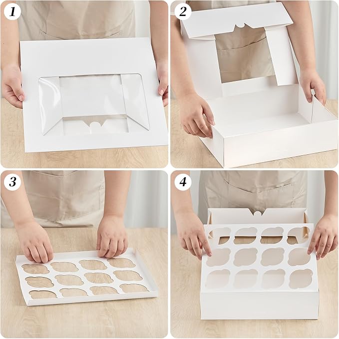Kucoele 12 Count Cupcake Boxes, 12 Pack, White, 13 x 10 x 4 Inches | with Windows and Inserts, Disposable, Cupcake Containers Carriers, For Muffins, Treats, Pastries, Bakery, Desserts