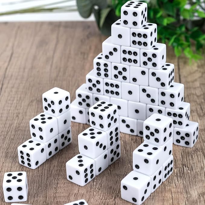 100 Pack 16MM White Dice - Six Sided Standard Opaque | Black Pips Dots, For Board Games, Group Event, Teaching Math