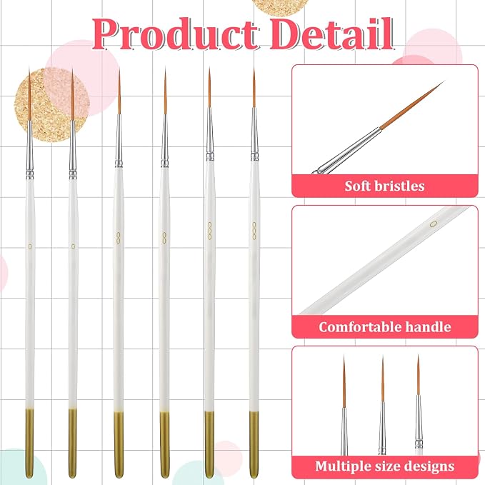 6 Pcs Fine Point Liner Cake Painting Brush Set Cake Brushes Fine Detail Paintbrushes for Cookie Decorating, Icing Pastry, Glitter, Watercolor, Acrylic