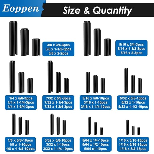 230Pcs SAE Roll Pin Assortment Set - Slotted Spring Pins Steel Split Expansion Pin 10 Sizes 1/16 5/64 3/32 1/8 5/32 3/16 7/32 1/4 5/16 3/8 Inch for Home Improvement Automotive Repair