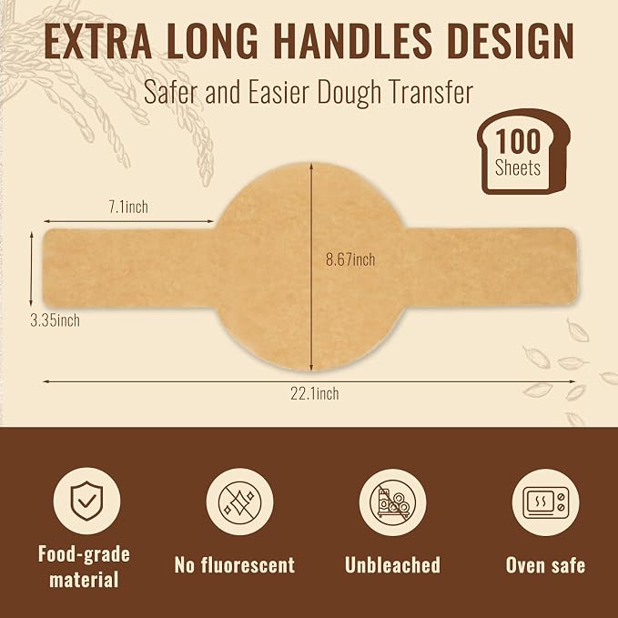 Parchment Paper for Sourdough Baking, BlissBoard Sourdough Paper for Dutch Oven, 8" Round Parchment Sling with Long Handles for Air-fryer Easy-Lift, Non-Stick, 100 Sheets for Sourdough or Cake Baking