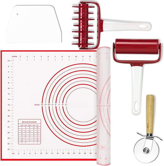 5 pcs Pizza Tool Set Includ Pastry Pizza Roller, Pizza Dough Docker that Time-Saving and Dough Scraper Cutter and Pizza Cutter Wheel and Silicagel Pastry Mat (5 pcs)